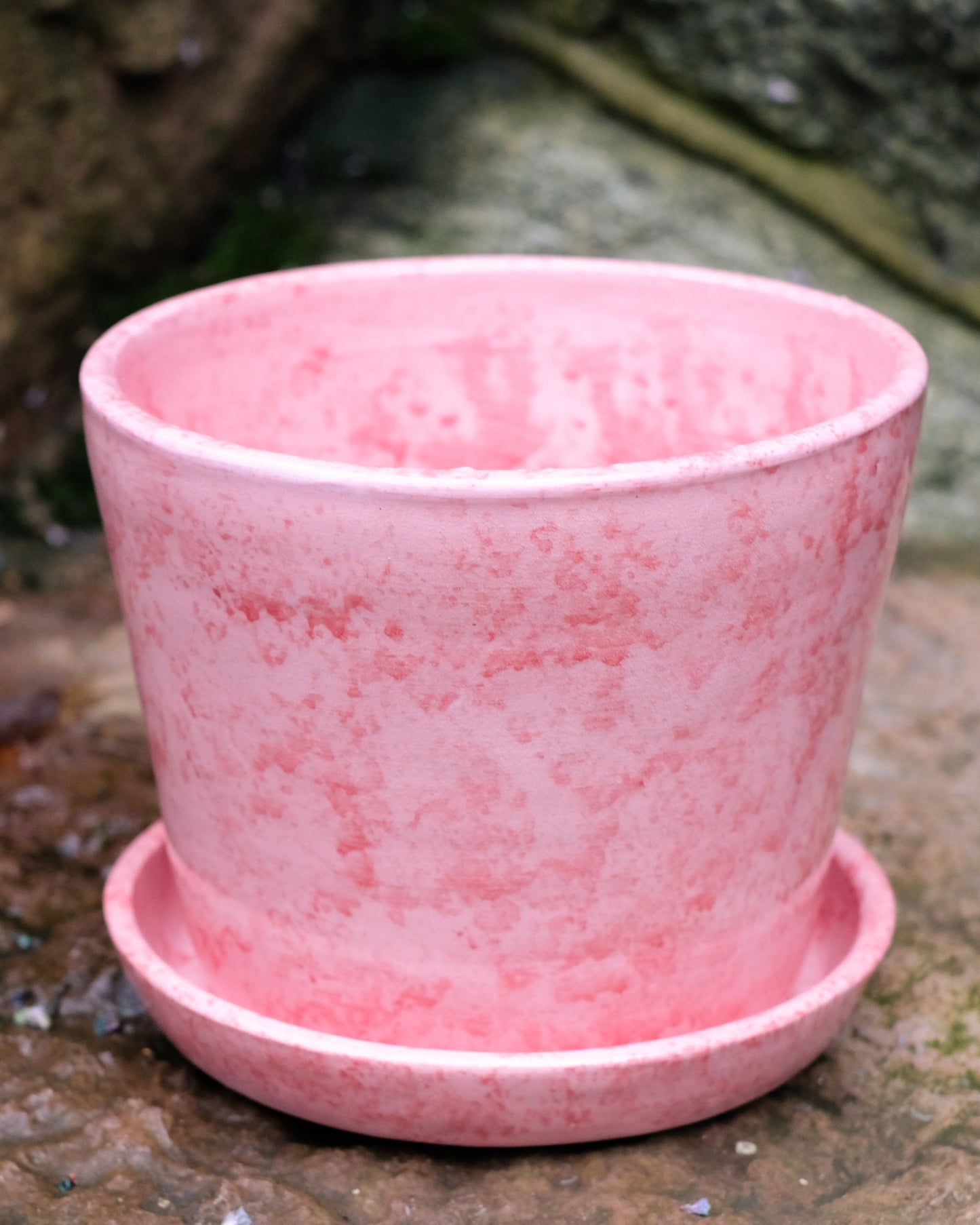 Rosaröd kruka med fat